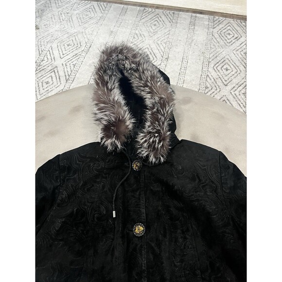 Prodi Women’s Winter Genuine Embossed Black Leather Coat Fox Fur Trim XXL - Picture 16 of 16